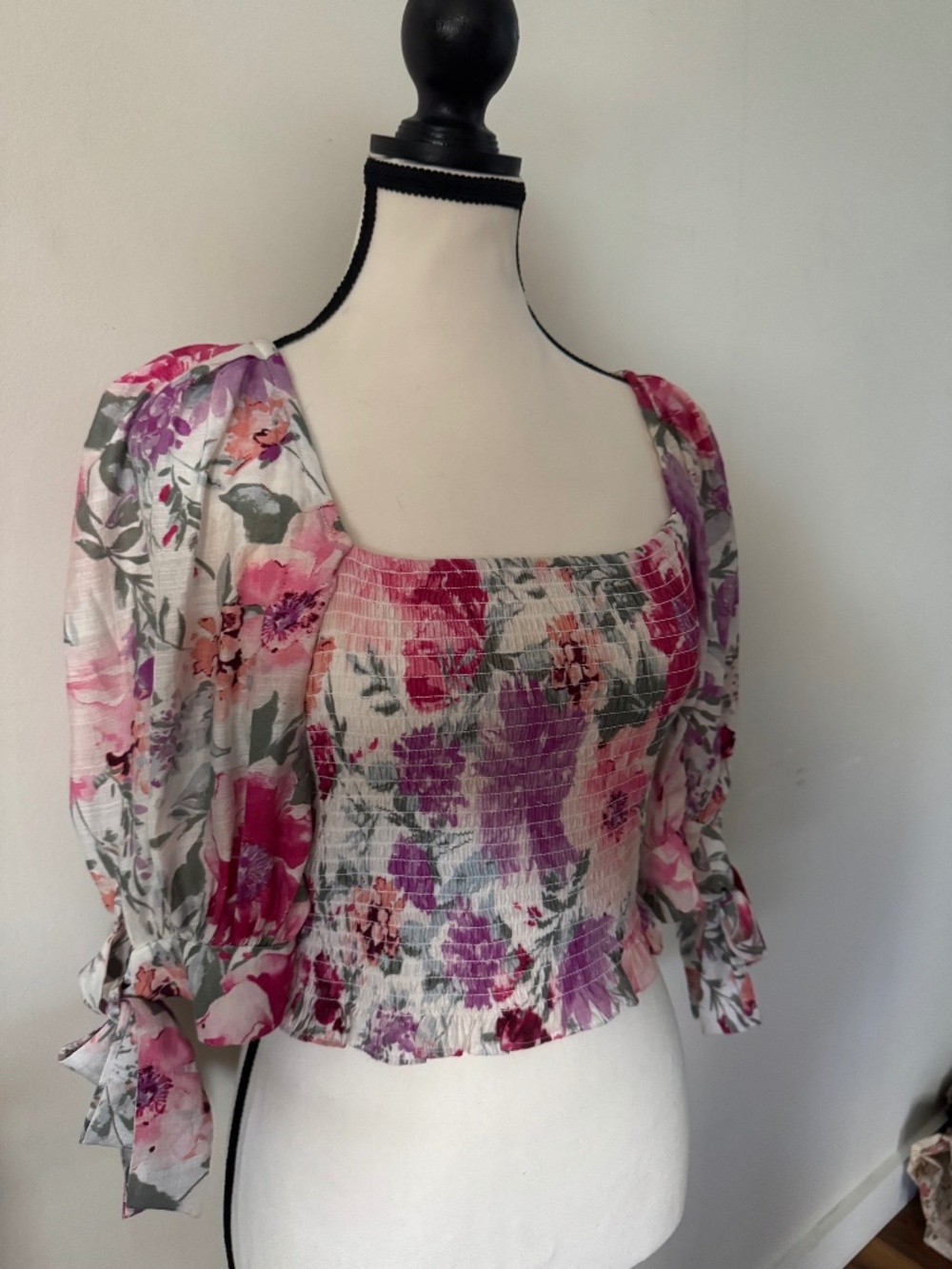 Express Floral Smocked Crop Top | Size Small |  Boho Puff Sleeve Blouse